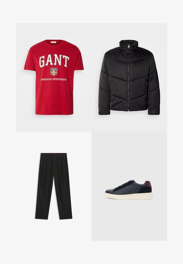 Svart pufferjacka med hög krage, dragkedjestängning, diagonala quiltmönster och sidofickor med dragkedjedetaljer.; Röd bomulls t-shirt med en kraftig vit "GANT" logotyp, en sköld med "USA 1949" och texten "AMERICAN SPORTSWEAR" nedanför. Klassisk rundhalsad design.; Svarta byxor med vikta detaljer, bred benform och en slät textur. Har en röd midjebandsetikett.; Låg sneaker för män i svart läder och mocka med maroon-hälflik och vit gummisula, sedd från utsidan.