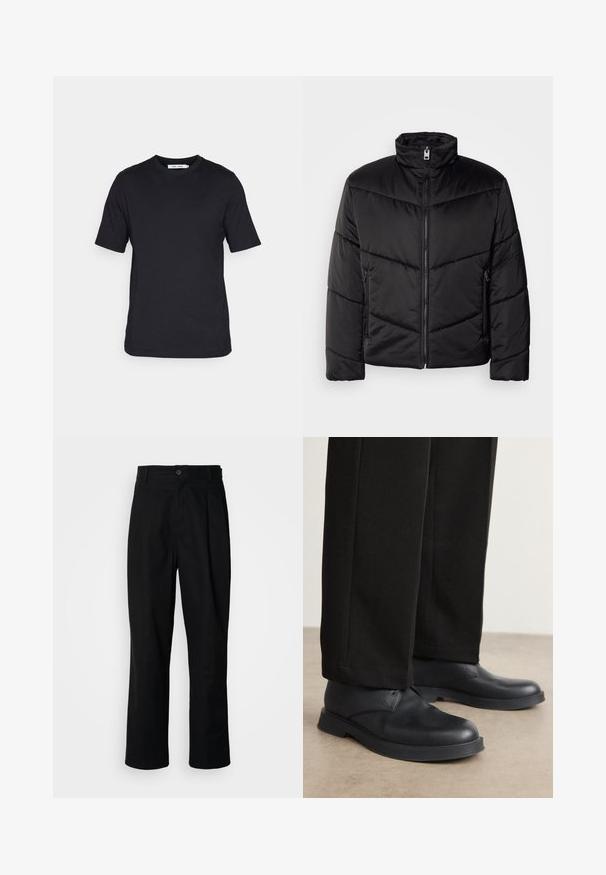 Black puffer jacket featuring a high neck, zip closure, diagonal quilting patterns, and side pockets with zipper details.; Black short-sleeve t-shirt made of soft fabric, featuring a round neckline and straight cut hem, no patterns or visible branding.; Black straight-leg trousers with a buttoned waistband, belt loops, and front crease, displayed against a plain white background.; Black leather shoes with a rounded toe, flat sole, and minimal detailing. Paired with tailored black pants, showing smooth texture.