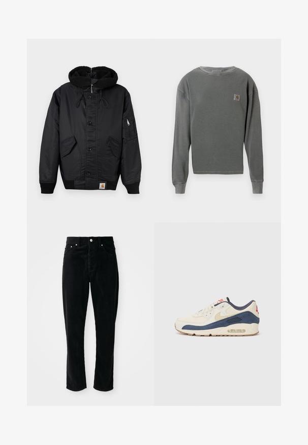 Svart jakke med fleeceforing i hetten, frontlukking med knapper, to store sidelommer og en ekstra glidelåslomme på ermet.; Grå langermet genser med rund hals og ribbestruktur, med et lite firkantet logo-patch på venstre bryst og ribbestrikkede mansjetter.; Svart kordfløyelsbukser med høy midje, rett ben, fem lommer og sølvdetaljer, som har et strukturert ribbet mønster gjennom hele.; Sko med overdel i kremfarget lær og marineblå semsket skinn, med synlig luftsåle, beige gummisåle og rød detalj på hælen.