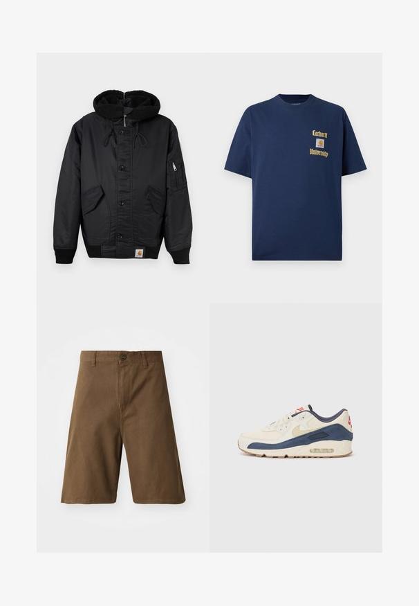 Mustat takki, jossa on fleece-vuorattu huppu, etupainike, kaksi suurta sivutaskua ja lisävetoketjullinen tasku hihassa.; T-paidat tummansinisestä puuvillasta, joissa on lyhyet hihat. Edessä kultaisella tekstillä "Carhartt University" ja logo-tasku vasemmalla rintapuolella.; Ruske puuvillashortsit suoran leikkauksen kanssa, joissa on etunappikiinnitys, vyölenkit ja sivutaskut. Sileä rakenne ja siistit saumat.; Tennarit, joissa on kermanvärinen nahka ja merimiessininen mokka päällinen, näkyvällä ilmasoolalla, beige kumipohja ja punainen yksityiskohta kantapäässä.