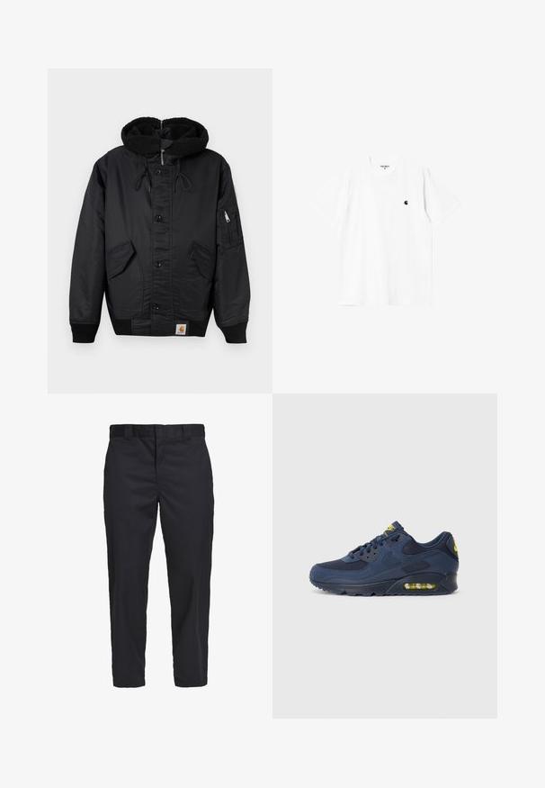 Schwarze Jacke mit einer fleecegefütterten Kapuze, vorderem Knopfverschluss, zwei großen Seitentaschen und einer zusätzlichen Reißverschlusstasche am Ärmel.; Weißes Baumwoll-T-Shirt mit kurzen Ärmeln, Rundhalsausschnitt und kleinem schwarzem Logo auf der linken Brust. Weicher Stoff und normale Passform.; Schwarze Chinos aus leichtem Baumwollstoff, mit geradem Schnitt, seitlichen Taschen und einem Knopfverschluss am Bund.; Dunkelblaue Nike Air Max Sneaker mit Obermaterial aus Wildleder und Mesh, ausgestattet mit gelben Akzenten, Schnürung vorne und sichtbarer Luftpolsterung in der Sohle.
