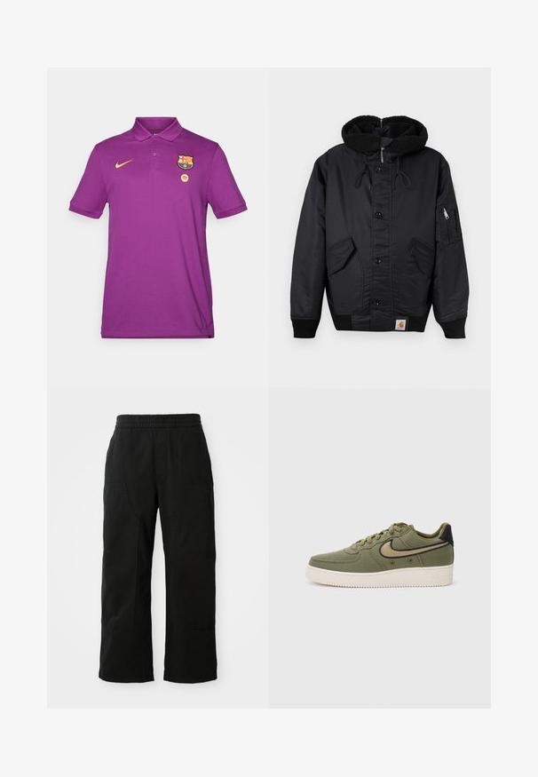 Veste noire avec une capuche doublée en polaire, fermeture à boutons sur le devant, deux grandes poches latérales et une poche zippée supplémentaire sur la manche.; Polo shirt violet en coton avec un col, arborant un logo Nike jaune, le blason du FC Barcelone et l'emblème de Spotify sur la poitrine.; Pantalons en coton noir avec une taille élastique, un design à jambes larges et de grandes poches latérales. Le tissu semble doux avec une texture lisse.; Baskets en toile vert olive avec des accents noirs, présentant un design à lacets, un col rembourré et une semelle extérieure texturée avec la marque "AIR".