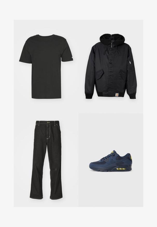 Giacca nera con cappuccio foderato in fleece, chiusura anteriore con bottoni, due grandi tasche laterali e un ulteriore taschino con zip sulla manica.; T-shirt nera in morbido cotone, con maniche corte e collo girocollo. Design semplice con un piccolo logo sulla manica sinistra.; Jeans in denim nero con una vestibilità ampia, caratterizzati da cuciture bianche a contrasto, chiusura a bottone e un design a gamba dritta.; Sneakers Nike Air Max blu navy con parte superiore in suede e mesh, dotati di dettagli gialli, chiusura con lacci e ammortizzazione visibile nella suola.