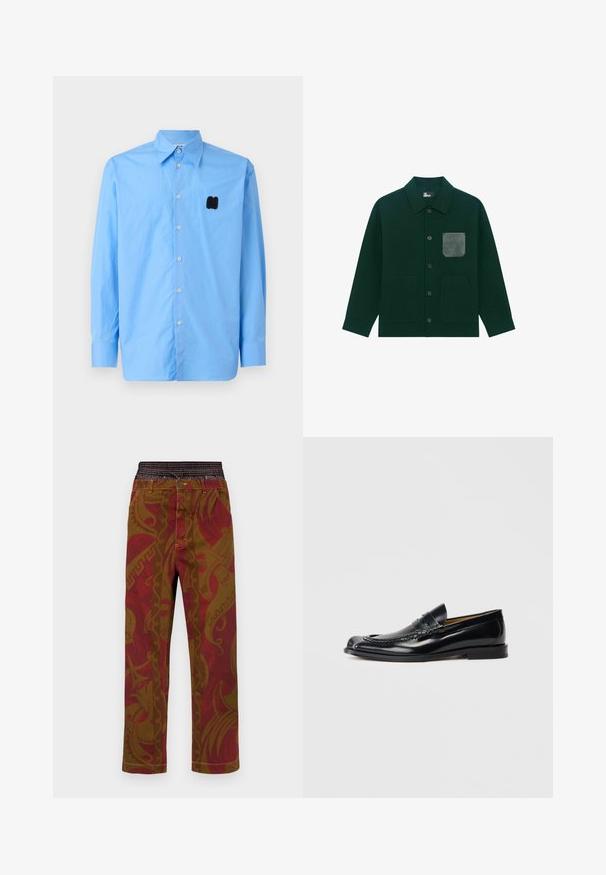 Ciemnozielona kurtka zapinana na guziki z trzema przednimi kieszeniami, w tym kieszenią na piersi o teksturze skóry z wytłoczonym okrągłym emblematem.; Jasnoniebieska koszula z długim rękawem, wykonana z gładkiego materiału, z półokrągłym kołnierzykiem i czarnym wyszywanym logo na lewej piersi.; Spodnie w wzory w odcieniach ziemi, takich jak czerwony i brązowy, z misternymi wzorami i kontrastującymi szwami, elastycznym pasem i luźnym krojem.; Czarne skórzane mokasyny o gładkim wykończeniu, zaokrąglonym nosku, dekoracyjnym przeszyciu i niskim, skomponowanym obcasie. Brak widocznych znaków firmowych.