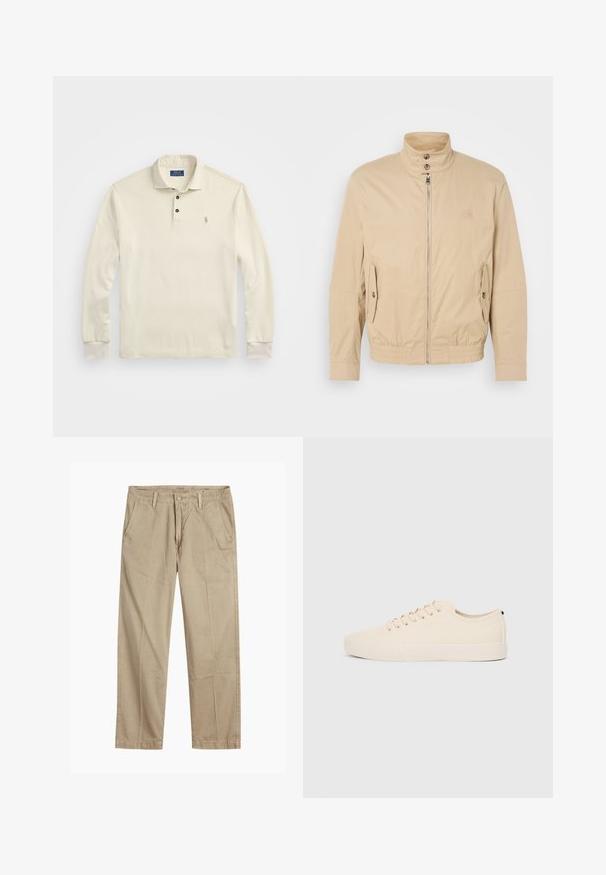 Beige, könnyű dzseki magas gallérral, elülső cipzárral, oldalsó zsebekkel és elastikus mandzsettákkal. Struktúrált anyag finom fényességgel.; Hosszú ujjú, krémszínű pólóing, puha pamutból készült. Hajtott gallérral, három gombos kivágással és egy kis hímezett logóval rendelkezik.; Beige egyenes szárú chino nadrág övhurkokkal, elülső gombos és cipzáras záródással, valamint ferde elülső zsebekkel.; Beige vászon sportcipők, kerek orral, lapos gumi talppal és fűzős elejével. Minimális dizájnnal rendelkezik, és kontrasztos fekete akcentussal a saroknál.