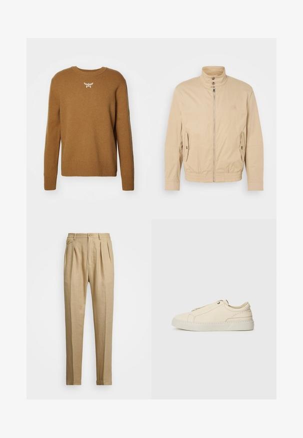 Giacca leggera beige con colletto alto, zip frontale, tasche laterali e polsini elastici. Tessuto texturizzato con una leggera lucentezza.; Maglione marrone con collo tondo, polsini e orlo a coste, realizzato in un tessuto morbido, con un piccolo logo bianco sul petto.; Pantaloni in lino beige con taglio dritto, dotati di due pince anteriori, chiusura con bottone e tasche laterali. Tessuto testurizzato con una finitura liscia.; Sneaker in pelle beige con punta arrotondata, design minimalista, dettagli di cucitura sottili e una parte superiore testurizzata, su una suola chiara.