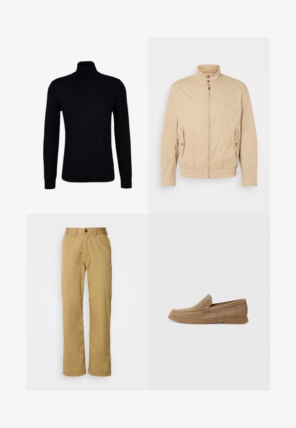 Giacca leggera beige con colletto alto, zip frontale, tasche laterali e polsini elastici. Tessuto texturizzato con una leggera lucentezza.; Maglione nero a collo alto in un tessuto a maglia morbida. Presenta maniche lunghe, un collo aderente e polsini e orlo a coste per una vestibilità aderente.; Pantaloni beige realizzati in tessuto liscio, con vestibilità standard, due tasche laterali e chiusura con un solo bottone in vita.; Mocassini slip-on in suede marrone con una texture liscia e dettagli cuciti; presentano una suola in gomma per una migliore aderenza.