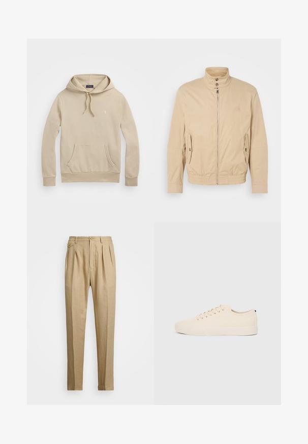 Bežna lahka jakna z visokim ovratnikom, sprednjim zadrgo, stranskimi žepi in elastičnimi manšetami. Teksture tkanine z diskretno sijajem.; Bež kapuca sweatshirt iz mehkega blaga, ki ima sprednji žep, vrvici in majhen logotip na prsih. Manšete in spodnji del so rebrasti.; Beige lanene hlače s ravnim krojem, ki imajo dva sprednja pregiba, gumbasto zapiranje in stranske žepi. Teksturna tkanina z gladkim zaključkom.; Bež platneni športni copati z okroglo konico, ravnim gumijastim podplatom in vezalkami spredaj. Imajo minimalističen dizajn in kontrastni črn akcent na peti.