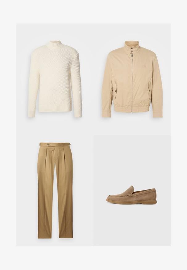 Bēša viegla jaka ar augstu apkakli, priekšējo rāvējslēdzēju, sānu kabatām un elastīgu aproču. Strukturēta auduma ar vieglu mirdzumu.; Krēmkrāsas, teksturēts adīts džemperis ar garām piedurknēm un ribinātu augstu apkakli, aprocēm un apakšmalu uz baltas fona.; Bēša krāsas bikses ar taisnu piegriezumu, ar krokām, pogas aizdari un jostas cilpām. Gluda auduma ar tīru, šūtu izskatu.; Brūni zamšaini slīdneši ar gludu tekstūru un stitched detaļām; aprīkoti ar gumijas zoli, lai nodrošinātu saķeri.