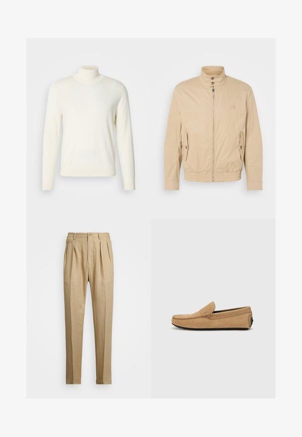 Beige, könnyű dzseki magas gallérral, elülső cipzárral, oldalsó zsebekkel és elastikus mandzsettákkal. Struktúrált anyag finom fényességgel.; Tejfehér garbó pulóver, puha anyagból készült, hosszú ujjú és testhez simuló siluettal, látható minták vagy díszítések nélkül.; Beige vászon nadrág egyenes szabással, két első redővel, gombos záródással és oldalzsebekkel. Tömör textúrájú anyag sima felülettel.; Beige színű nubuk mokaszin cipő, varrott orral, slip-on kialakítással és fekete gumitalppal. Diszkrét logó található az oldalon.