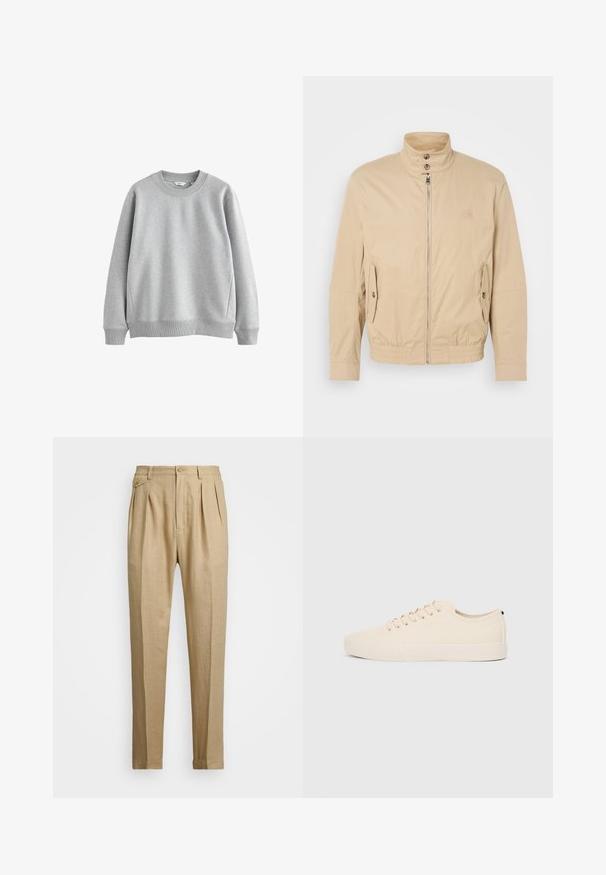 Béžová lehká bunda s vysokým límcem, předním zipem, bočními kapsami a elastickými manžetami. Texturovaná tkanina s jemným leskem.; Šedá mikina s kulatým výstřihem, žebrovanými manžetami a lemem. Vyrobena z měkkého materiálu s hladkým povrchem, s jednoduchým designem.; Béžové lněné kalhoty rovného střihu, s dvěma předními sklady, zapínáním na knoflík a bočními kapsami. Strukturovaná tkanina s hladkým povrchem.; Béžové plátěné tenisky s kulatou špičkou, plochou gumovou podrážkou a šněrováním vpředu. Mají minimalisticý design a kontrastní černý akcent na patě.
