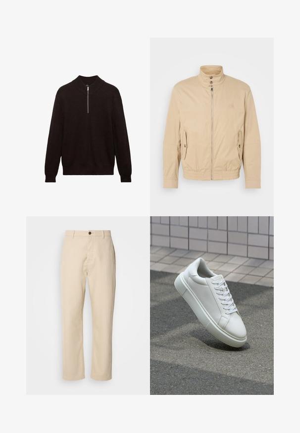 Beige leichte Jacke mit hohem Kragen, vorderem Reißverschluss, seitlichen Taschen und elastischen Bündchen. Texturiertes Material mit einem subtilen Glanz.; Dunkelbrauner gestrickter Pullover mit hohem Kragen, Viertelreißverschluss vorne und gerippter Textur. Hat lange Ärmel und eine lockere Passform.; Beige Baumwollhosen mit geraden Beinen, einem Knopfverschluss vorne, Seitentaschen und einer glatten Textur. Minimalistisches Design, ohne sichtbare Muster.; Weiße Leder-Sneaker mit glatter Oberfläche, runder Zehenpartie und flachen weißen Schnürsenkeln. Verfügt über eine strukturierte Gummisohle und minimalistische Designelemente.