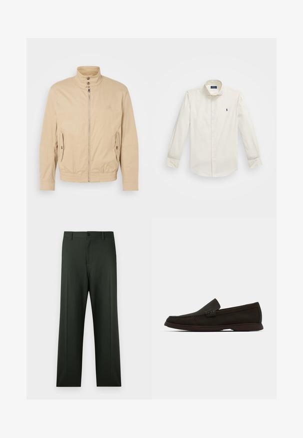 Beżowa lekka kurtka z wysokim kołnierzem, przednim zamkiem błyskawicznym, bocznymi kieszeniami i elastycznymi mankietami. Teksturowany materiał o subtelnym połysku.; Biała koszula z długim rękawem wykonana z bawełny, z kołnierzykiem zapinanym na guziki, jedną kieszonką na piersi oraz małym granatowym logo po lewej stronie.; Ciemnozielone spodnie o prostym kroju, z zapięciem na guziki z przodu, szlufkami na pasek i gładką, lekko fakturowaną tkaniną.; Ciemnobrązowe zamszowe wsuwane mokasyny z przeszytym noskiem, niskoprofilową gumową podeszwą i teksturowanymi akcentami na cholewce.