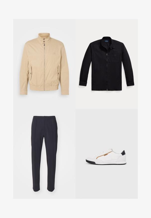 Beige lett jakke med høy krage, glidelås foran, sidelommer og elastiske mansjetter. Teksturert stoff med en subtil glans.; Svart jakke laget av lett materiale, med glidelås foran, skjortekrage og venstre brystlomme med logo. Lange ermer med mansjettdetaljer.; Marineblå bukser med skreddersydd design, flat front og to frontfalter. Laget av glatt stoff med standard linning og knappelukking.; Hvite sporty sko med mesh- og lærdetaljer. Har en gull "BOSS"-logo, teksturerte sidepaneler og en svart hælbru. Gummisåle.