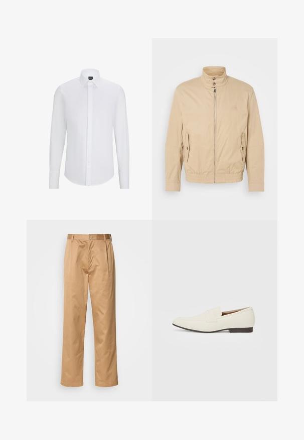 Béžová lehká bunda s vysokým límcem, předním zipem, bočními kapsami a elastickými manžetami. Texturovaná tkanina s jemným leskem.; Bílá košile s dlouhým rukávem a klopovým límcem, vyrobená z hladké tkaniny, s přední lištou a zaobleným lemem.; Khaki kalhoty, směs bavlny, rovný střih, přední záhyby, poutka na opasek a knoflíkové zapínání. Hladká textura bez vzorů.; Světlé béžové mokasíny s špičatou špičkou, hladkým materiálem, páskem přes nárt a nízkou hnědou podrážkou. Jednoduchý design s minimálními akcenty.
