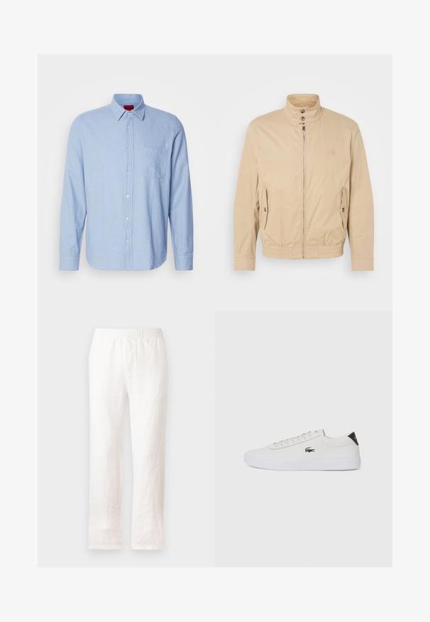 Beige lett jakke med høy krage, glidelås foran, sidelommer og elastiske mansjetter. Teksturert stoff med en subtil glans.; Lyseblå langermet skjorte med knapper laget av strukturert stoff. Har krage med nedtagning og en lomme på venstre bryst med subtil sømdetalj.; Hvite linbukser med elastisk midje, rett ben-design og en lett strukturert tekstur. Uten mønstre eller ekstra detaljer.; Hvit lær sneakers med rund tå, snøring foran og svart hælakkent. Har en liten brodert krokodillelogo på siden.