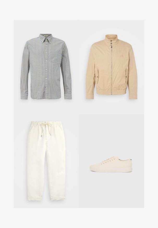 Bēša viegla jaka ar augstu apkakli, priekšējo rāvējslēdzēju, sānu kabatām un elastīgu aproču. Strukturēta auduma ar vieglu mirdzumu.; Zilās auduma uzvalka krekls ar tievām dzeltenām svītrām, ar apkakli, garām piedurknēm un krūšu kabatu. Pabeigts ar baltiem pogām.; Gaiši krēmkrāsas, ikdienišķi bikses, izgatavotas no mīkstas auduma. Iespējas ietver elastīgu jostu ar auklu un sašaurinātu kāju dizainu.; Bežīgas kanvas kedas ar apaļu purngalu, plakanu gumijas zoli un auklām priekšā. Ir minimālisma dizains un kontrastējoša melna akcenta detaļa uz papēža.