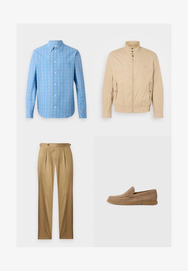 Beige leichte Jacke mit hohem Kragen, vorderem Reißverschluss, seitlichen Taschen und elastischen Bündchen. Texturiertes Material mit einem subtilen Glanz.; Hellblau kariertes Hemd mit langen Ärmeln, Kragen und einer Brusttasche. Mit weißen und schwarzen Gitterakzenten.; Beige Hose mit geradem Schnitt, versehen mit Abnähern, einem Knopfverschluss und Gürtelschlaufen. Glatter Stoff mit einem sauberen, maßgeschneiderten Aussehen.; Braune Wildleder Slipper mit glatter Textur und gesteppten Details; bietet eine Gummisohle für guten Halt.