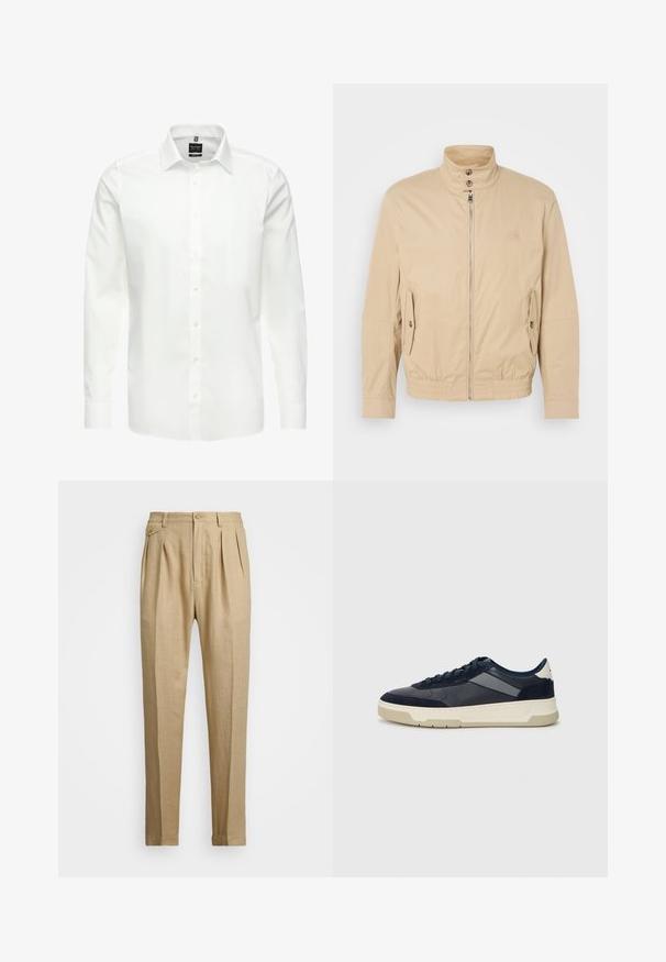 Beige, könnyű dzseki magas gallérral, elülső cipzárral, oldalsó zsebekkel és elastikus mandzsettákkal. Struktúrált anyag finom fényességgel.; Fehér, hosszú ujjú ing, gombos elülső rész, klasszikus gallér, sima pamut anyag, könnyű, finom varrással és mintázat nélkül.; Beige vászon nadrág egyenes szabással, két első redővel, gombos záródással és oldalzsebekkel. Tömör textúrájú anyag sima felülettel.; BOSS BALTIMORE - Sportcipő - open blue