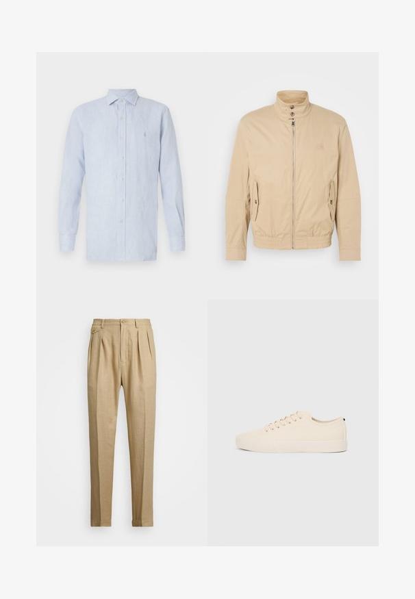 Šviesiai rudas lengvas paltas su aukštu apykakle, priekyje užtrauktuku, šoninėmis kišenėmis ir elastiniais rankogaliais. Textūruotas audinys su subtiliu blizgesiu.; Šviesiai mėlyna dryžuota ilgomis rankovėmis marškinių palaidinė, pagaminta iš audinio, su apykakle ir mažu logotipu krūtinėje.; Bežinės lininės kelnės tiesaus kirpimo, turinčios dvi priekinės klostes, sagų užsegimą ir šonines kišenes. Tekstūruotas audinys su lygiu paviršiumi.; Šviesiai rudos drobės sportbačiai su apvalia nosimi, plokščiu guminiu padu ir raišteliais priekyje. Pasižymi minimalizmu ir juodu akcentu kulne.