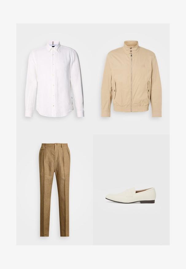 Beige lett jakke med høy krage, glidelås foran, sidelommer og elastiske mansjetter. Teksturert stoff med en subtil glans.; Hvit lin-skjorte med lange ermer, knapping foran og en subtil logo på brystet. Har en strukturert krage og buet kant.; Brune rutete bukser med en strukturert passform, som har en plisserte front, to sidelommer og knappelukking. Glatt tekstur med en skreddersydd design.; Lyse beige loafers med spiss tå, glatt materiale, en stropp over vampsen, og en lav brun såle. Enkel design med minimale detaljer.