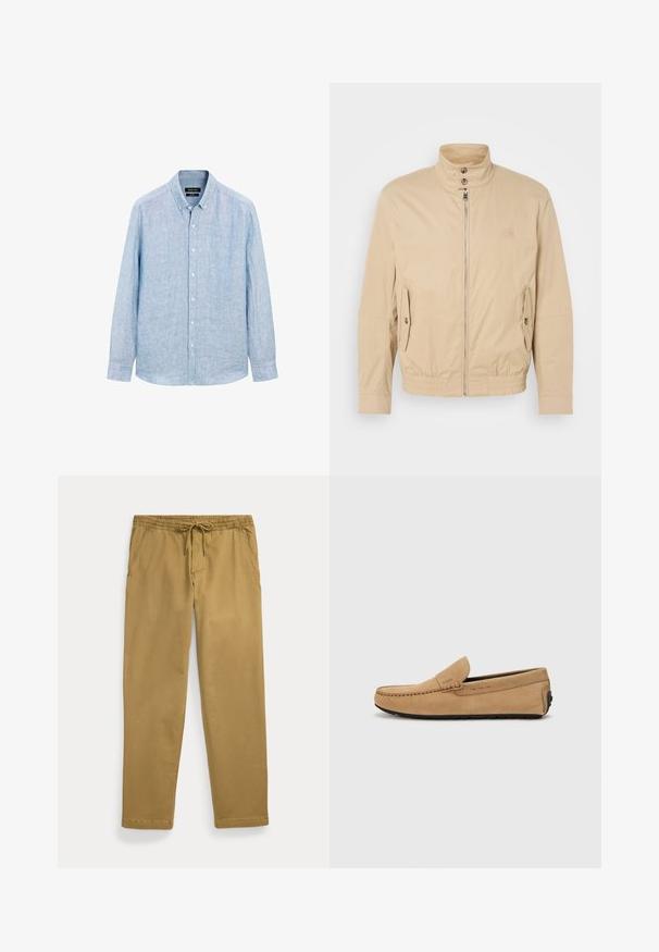 Beige letvægtsjakke med høj krave, frontlynlås, sidelommer og elastiske manchetter. Struktureret stof med en subtil glans.; Lyseblå, langærmet skjorte med knapper, lavet af et struktureret stof. Har en button-down krave og en frontplacket med hvide knapper.; Khaki lige ben bukser med elastisk talje og front snøre, med skrå forlommer og stikkede sømme.; Beige ruskind mokasin sko med en syet tå, slip-on design og sort gummisål. Har diskret branding på siden.