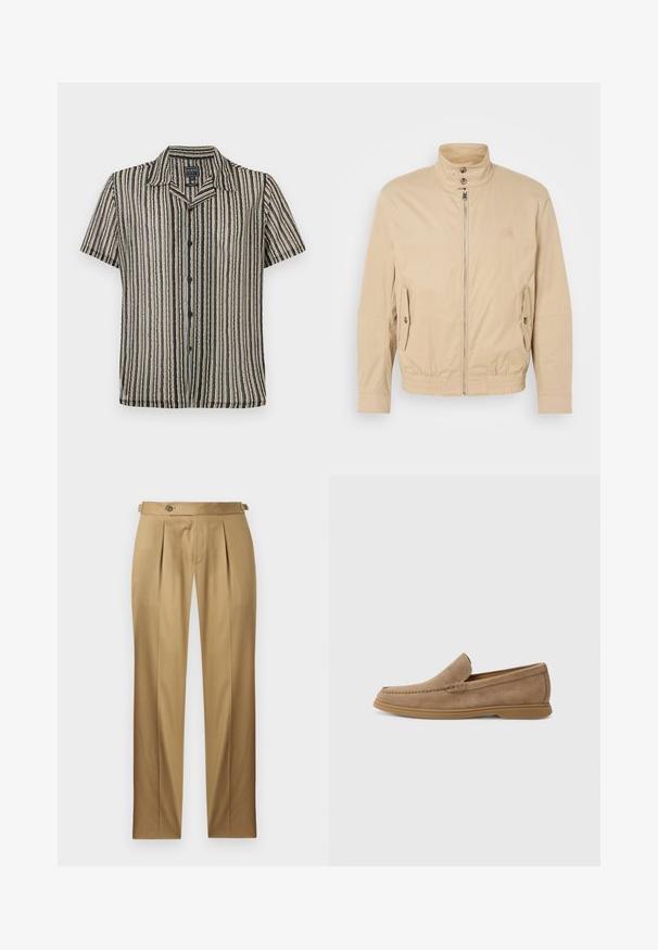 Bēša viegla jaka ar augstu apkakli, priekšējo rāvējslēdzēju, sānu kabatām un elastīgu aproču. Strukturēta auduma ar vieglu mirdzumu.; K īsajām piedurknēm piedurkņu krekls ar svītru rakstu maigos bēšu, melnā un pelēkā toņos. Iezīmēts ar nometnes apkakli un brīvu piegriezumu.; Bēša krāsas bikses ar taisnu piegriezumu, ar krokām, pogas aizdari un jostas cilpām. Gluda auduma ar tīru, šūtu izskatu.; Brūni zamšaini slīdneši ar gludu tekstūru un stitched detaļām; aprīkoti ar gumijas zoli, lai nodrošinātu saķeri.