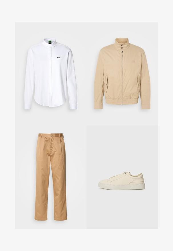 Giacca leggera beige con colletto alto, zip frontale, tasche laterali e polsini elastici. Tessuto texturizzato con una leggera lucentezza.; Camicia bianca button-up in cotone, dotata di colletto classico e di un logo ricamato discreto sul lato sinistro del petto. Texture liscia.; Pantaloni kaki, in misto cotone, design a gamba dritta, con pieghe frontali, passanti per cintura e chiusura a bottone. Tessuto liscio senza fantasie.; Sneaker in pelle beige con punta arrotondata, design minimalista, dettagli di cucitura sottili e una parte superiore testurizzata, su una suola chiara.