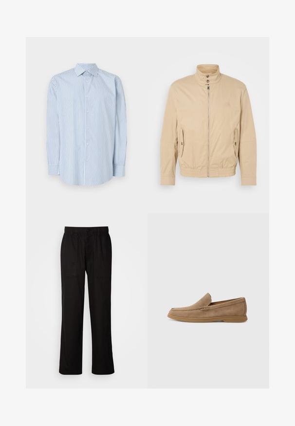 Šviesiai rudas lengvas paltas su aukštu apykakle, priekyje užtrauktuku, šoninėmis kišenėmis ir elastiniais rankogaliais. Textūruotas audinys su subtiliu blizgesiu.; Mėlyna ir balta dryžuota ilgomis rankovėmis marškiniai, pagaminti iš medvilnės, su klasikiniu apykakle, mygtukų priekyje ir raukšlėmis rankovėse.; Juodos kelnės su laisvu siluetu, pagamintos iš lengvos medžiagos. Yra elastingas juosmuo, mygtuko užsegimas ir dvi priekinės kišenės.; Rudi šviesios odos slip-on loaferiai su lygiu paviršiumi ir siuvinėjimu; turi guminį pado sluoksnį, užtikrinantį sukibimą.