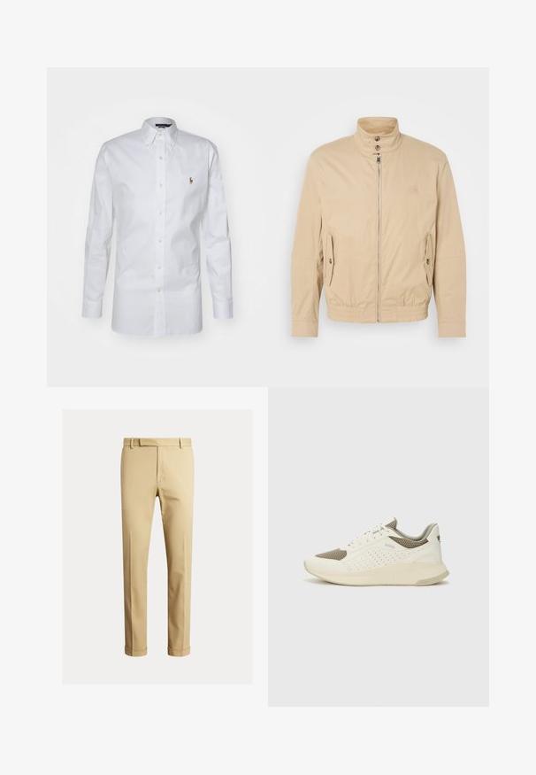 Ανοιχτόχρωμο ελαφρύ μπουφάν με ψηλό γιακά, μπροστινό φερμουάρ, πλαϊνές τσέπες και ελαστικές μανσέτες. Υφή υφάσματος με διακριτική γυαλάδα.; Λευκό πουκάμισο με κουμπιά φτιαγμένο από βαμβάκι; διαθέτει κλασικό γιακά, μακρύ μανίκι και ένα μικρό κεντητό λογότυπο στο αριστερό στήθος.; Καφέ chinos από απαλό βαμβακερό υλικό, με εφαρμοστή σχεδίαση, πτυχώσεις μπροστά και μανίκια στον αστράγαλο για μια πιο στενή εμφάνιση.; Λευκό και ανοιχτό μπεζ αθλητικό παπούτσι, με επάνω μέρος από διχτυωτό υλικό, διακοσμήσεις με περφορέ και υφή στην ενδιάμεση σόλα με επωνυμία στη φτέρνα.