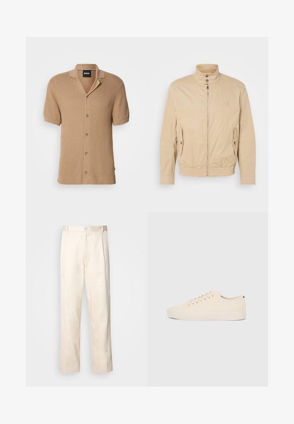 Giacca leggera beige con colletto alto, zip frontale, tasche laterali e polsini elastici. Tessuto texturizzato con una leggera lucentezza.; Cardigan tricot beige maniche corte con motivo testurizzato, chiusura a bottoni, colletto e etichetta nera "BOSS" all'interno del colletto.; Pantaloni in cotone beige con taglio dritto, dotati di chiusura a bottone e pence sul davanti per un tocco di dettaglio in più.; Sneaker in tela beige con punta rotonda, suola in gomma piatta e lacci sulla parte anteriore. Presenta un design minimalista e un accento nero a contrasto sul tallone.