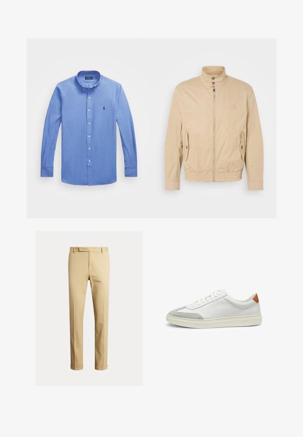 Beżowa lekka kurtka z wysokim kołnierzem, przednim zamkiem błyskawicznym, bocznymi kieszeniami i elastycznymi mankietami. Teksturowany materiał o subtelnym połysku.; Jasnoniebieska koszula z długim rękawem z kołnierzykiem zapinanym na guziki, białymi guzikami i małym haftowanym logo na lewej piersi. Gładka w fakturze.; Khaki chinos wykonane z gładkiej bawełnianej tkaniny, charakteryzujące się dopasowanym krojem, fałdami z przodu oraz mankietami przy kostkach dla zwężonego wyglądu.; Białe skórzane tenisówki z szarymi zamszowymi akcentami oraz brązowym skórzanym zapiętkiem. Posiadają teksturowaną powierzchnię i lekką podeszwę.