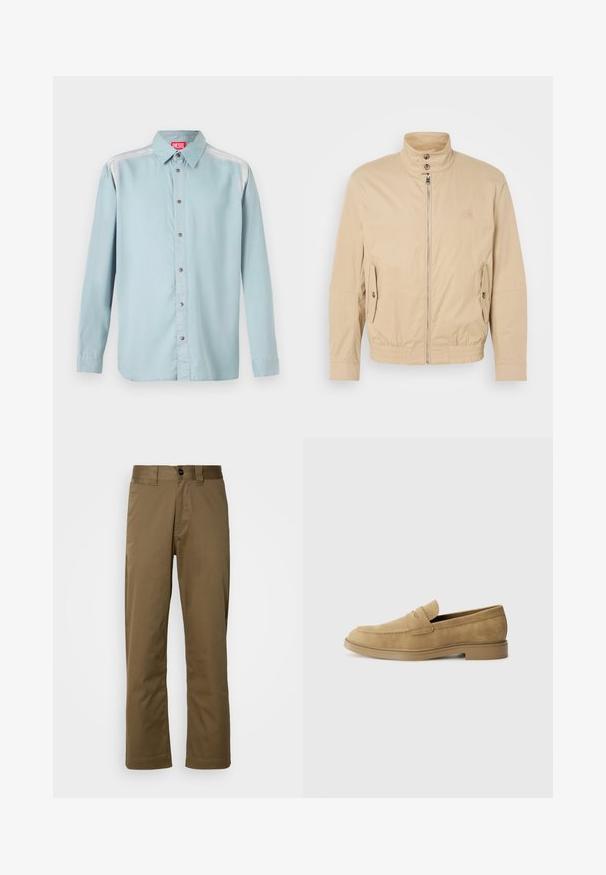 Giacca leggera beige con colletto alto, zip frontale, tasche laterali e polsini elastici. Tessuto texturizzato con una leggera lucentezza.; Camicia button-up azzurro chiaro con colletto standard, dotata di un'etichetta rossa, bottoni metallici e una texture di tessuto liscia.; Pantaloni marroni a gamba dritta realizzati in tessuto intrecciato. Presentano una chiusura con bottone, tasche laterali e una texture liscia. Vestibilità sartoriale.; Mocassini in suede beige con punta rotonda, tacco basso a blocco e dettagli di cucitura sulla parte superiore. Texture liscia e design minimalista.