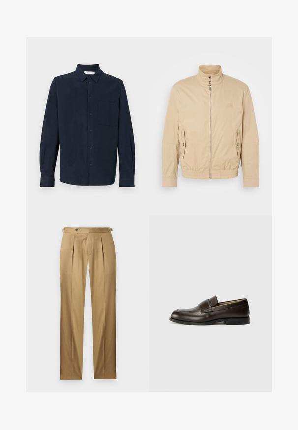 Bēša viegla jaka ar augstu apkakli, priekšējo rāvējslēdzēju, sānu kabatām un elastīgu aproču. Strukturēta auduma ar vieglu mirdzumu.; Tumši zils garas piedurknes krekls, izgatavots no mīksta auduma, ar pogājamām frontālām daļām, izteikta apkakle un viena krūšu kabata.; Bēša krāsas bikses ar taisnu piegriezumu, ar krokām, pogas aizdari un jostas cilpām. Gluda auduma ar tīru, šūtu izskatu.; Calvin Klein Čības - cocoa brown