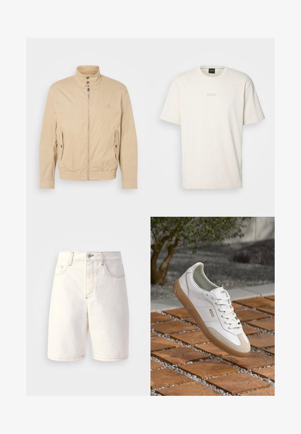 Jachetă ușoară bej, cu guler înalt, fermoar frontal, buzunare laterale și manșete elastice. Material texturat cu un luciu subtil.; BOSS TEE - Tricou basic - open white; Șorturi din denim alb cu o croială dreaptă, având cinci buzunare, cusături portocalii și un fermoar cu un singur buton pentru închidere.; Sneakers din piele albă cu accente din suede bej, având vârful rotund, șireturi frontale și talpa din cauciuc bej, inscripționate cu numele brandului "BOSS."