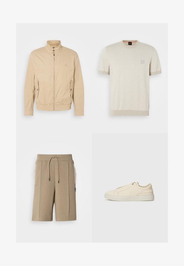 Beige leichte Jacke mit hohem Kragen, vorderem Reißverschluss, seitlichen Taschen und elastischen Bündchen. Texturiertes Material mit einem subtilen Glanz.; Kurze Ärmel Crew-Neck-Pullover in hellbeige mit dünnen weißen Streifen, mit einem gerippten Halsausschnitt und einem kleinen Logo-Patch auf der Brust.; Beige Baumwollshorts mit elastischem Bund und Kordelzug. Mit gesteppter Seitentasche und einem Logopatch auf der Vorderseite.; Beige Leder Sneaker mit runder Zehenpartie, minimalistischem Design, subtilen Nähten und strukturiertem Obermaterial auf einer hellen Sohle.