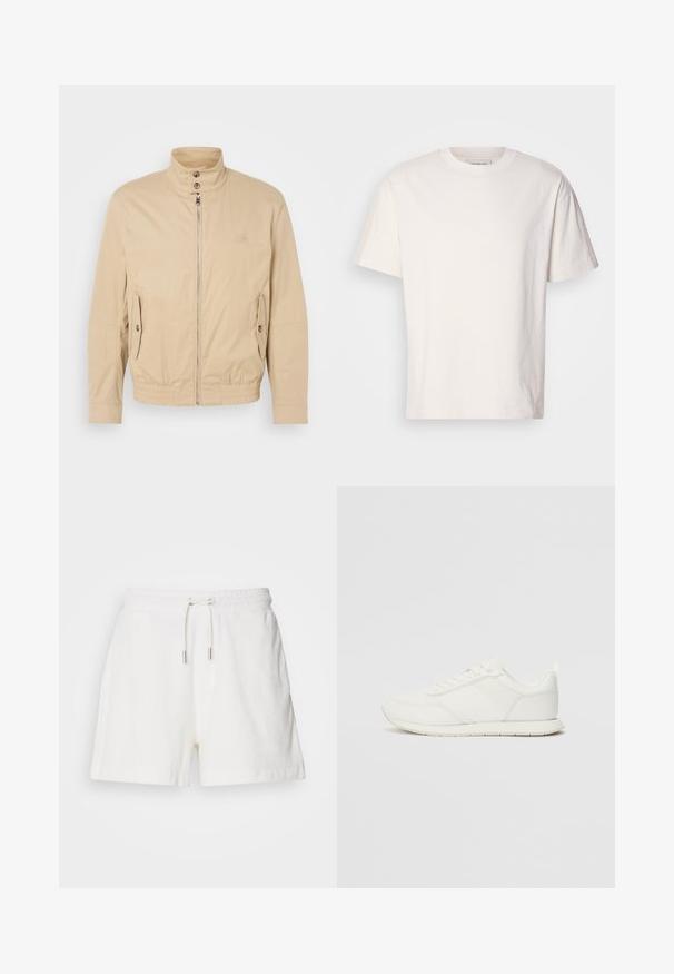 Veste légère beige avec col montant, fermeture éclair à l'avant, poches latérales et poignets élastiques. Tissu texturé avec un léger brillant.; T-shirt en coton couleur crème avec un col ras du cou. Manches courtes et coupe décontractée. Présente un petit logo sur le col. Texture lisse.; Shorts en coton blanc, doux et pelucheux, avec une taille élastique, un cordon de serrage ajustable et des poches latérales. Texture lisse, coupe décontractée et longueur mi-cuisse.; Sneaker blanche avec une tige en mesh et en synthétique, bout rond, lacets plats et une bande latérale texturée. Semelle en caoutchouc avec une languette à l'arrière.
