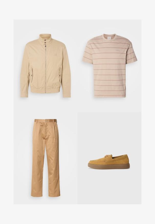 Chaqueta ligera beige con cuello alto, cremallera frontal, bolsillos laterales y puños elásticos. Tejido texturizado con un ligero brillo.; Camiseta de manga corta y cuello redondo color beige con rayas horizontales rosa claro y una pequeña etiqueta en el frente. Fabricada con tejido de algodón suave.; Pantalones caqui, mezcla de algodón, diseño de pierna recta, con pliegues delanteros, trabillas para cinturón y cierre de botón. Textura suave sin patrones.; Zapatos slip-on de ante marrón con un acabado texturizado, punta redonda y suela de goma contrastante. Presentan un sutil logo cerca del talón.