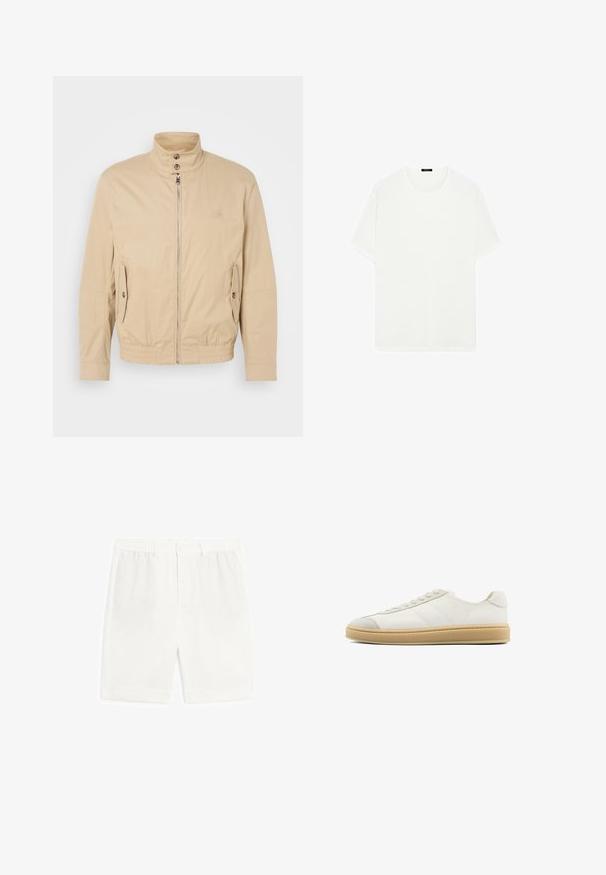 Beige lightweight jacket with high collar, front zipper, side pockets, and elastic cuffs. Textured fabric with a subtle sheen.; White short-sleeve t-shirt made of soft fabric. Features a classic crew neckline and a straight cut, with no visible patterns or accents.; White tailored shorts with a flat front, waistband with elastic, and no pockets. Made of lightweight fabric, featuring a smooth texture.; White suede sneakers with a smooth texture, round toe, lace-up front, and a tan rubber sole. Features subtle side stripes and heel accents.