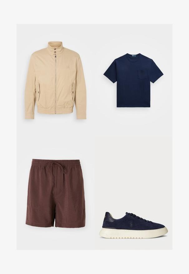 Beige lett jakke med høy krage, glidelås foran, sidelommer og elastiske mansjetter. Teksturert stoff med en subtil glans.; Marineblå bomull T-skjorte med rund hals, korte ermer og lomme på venstre bryst. Glatt tekstur med en klassisk passform.; Brune, lette shorts med elastisk talje og snor. Har sidelommer og en glat, lett glansfull tekstur.; Marineblå semsket lavsko med en teksturert overflate, gummisåle og tonede snører, med en liten logo på siden og hælen.