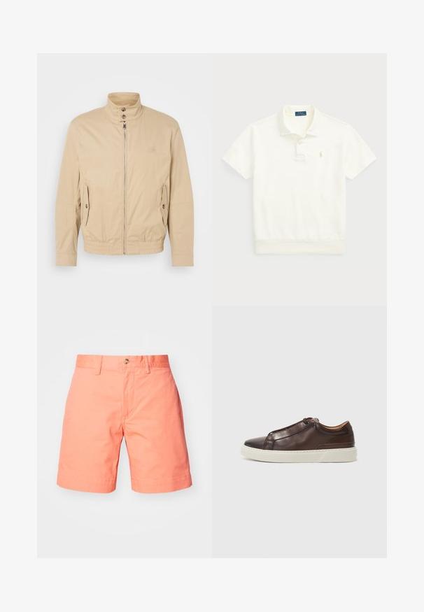 Beige kergest jakist kõrge kraega, ees lukuga, külgedel taskud ja elastsete mansettidega. Tekstuuriga kangas, millel on õrn kuma.; Polo Ralph Lauren LOOPBACK FLEECE POLO-COLLAR SWEATSHIRT - Polosärk - clubhouse cream; Purskondiga puuvillased lühikesed püksid, otse lõikega, millel on üks nööp ja volditud mansetid. Sujuv tekstuur ja puhas disain.; Prune nahkaseelikud ümmarguse varbaga, kontrastse valge kummitaldaga, õmmeldud detailide ja nähtamatute paeltega. Üldiselt sile tekstuur.