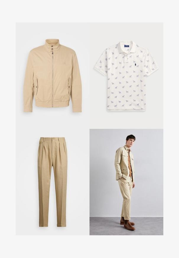 Beżowa lekka kurtka z wysokim kołnierzem, przednim zamkiem błyskawicznym, bocznymi kieszeniami i elastycznymi mankietami. Teksturowany materiał o subtelnym połysku.; Biała koszulka polo z bawełny, z powtarzającym się niebieskim wzorem psów i małym niebieskim logo na piersi. Krótkie rękawy i kołnierzyk.; Beżowe lniane spodnie o prostym kroju, z dwoma fałdami z przodu, z zapięciem na guzik i kieszeniami po bokach. Teksturowana tkanina o gładkim wykończeniu.; Beżowa bawełniana kurtka z dwiema kieszeniami na piersi noszona na brązowej koszuli oraz dopasowanych beżowych spodniach. Brązowe skórzane buty za kostkę dopełniają strój.
