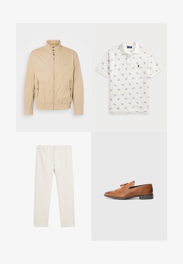 Béžová lehká bunda s vysokým límcem, předním zipem, bočními kapsami a elastickými manžetami. Texturovaná tkanina s jemným leskem.; Bílá polo tričko vyrobené z bavlny, s opakovaným modrým vzorem psů a malým modrým logem na hrudi. Krátké rukávy a límeček.; Beige lněné kalhoty s rovný střihem, elastickým pasem, knoflíkovým zapínáním a bočními kapsami, s jemným texturovaným povrchem.; Hnědé kožené boty s perforovaným detailem, texturovanými stranami, plochou podrážkou a ozdobnou mašlí na svršku. Klasický design s hladkým povrchem.