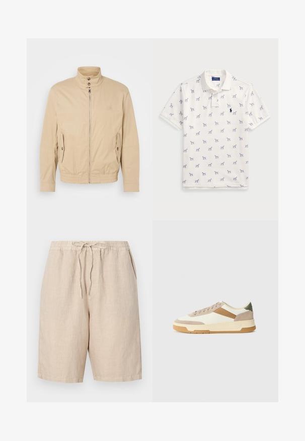 Beige, könnyű dzseki magas gallérral, elülső cipzárral, oldalsó zsebekkel és elastikus mandzsettákkal. Struktúrált anyag finom fényességgel.; Fehér póló, pamutból készült, ismétlődő kék kutyás mintával és egy kis kék logóval a mellkason. Rövid ujjak és gallér.; Vékonyszálas rövidnadrág világosbézs színben, rugalmas derékpánttal, állítható húzózsinórral és oldalsó zsebekkel. Simább textúra és laza fazon jellemzi.; Beige, krémszínű és olívazöld sportcipők, velúr és bőr anyagból, kerek orral, minimalista dizájnnal és gumitalppal.