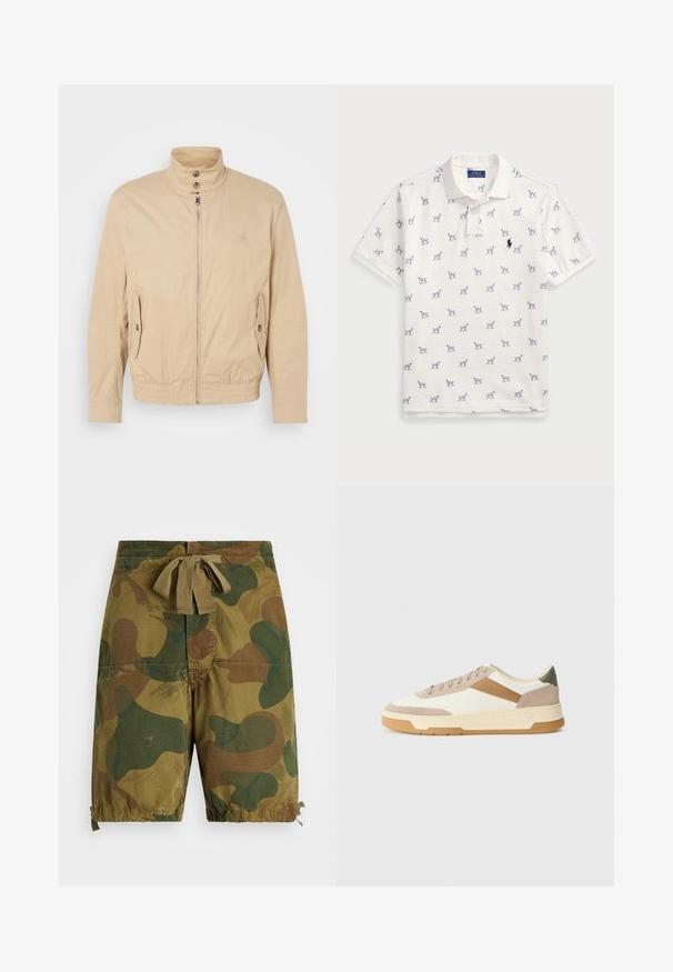 Šviesiai rudas lengvas paltas su aukštu apykakle, priekyje užtrauktuku, šoninėmis kišenėmis ir elastiniais rankogaliais. Textūruotas audinys su subtiliu blizgesiu.; Balta polo marškiniai, pagaminti iš medvilnės, su pasikartojančiu mėlynu šunų raštu ir mažuoju mėlynu logotipu ant krūtinės. Trumpomis rankovėmis ir apykakle.; Kamuoflia šortai žalių ir rudų atspalvių, pagaminti iš lengvos medžiagos, su raišteliu juosmenyje ir susiraukšlėjusiomis apačiomis.; Bežiniai, kreminiai ir alyviniai sportbačiai, pagaminti iš zomšos ir odos, su apvaliu pirštu, minimalistiniu dizainu ir guminėmis padangomis.