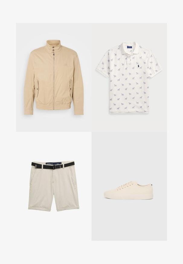 Beige lightweight jacket with high collar, front zipper, side pockets, and elastic cuffs. Textured fabric with a subtle sheen.; White polo shirt made of cotton, featuring a repeated blue dog pattern and a small blue logo on the chest. Short sleeves and collar.; Beige shorts with a black adjustable belt. Made of lightweight fabric, featuring side pockets and rolled cuffs for a casual look. Size M.; Beige canvas sneakers with round toe, flat rubber sole, and lace-up front. Features minimal design and a contrasting black accent at the heel.