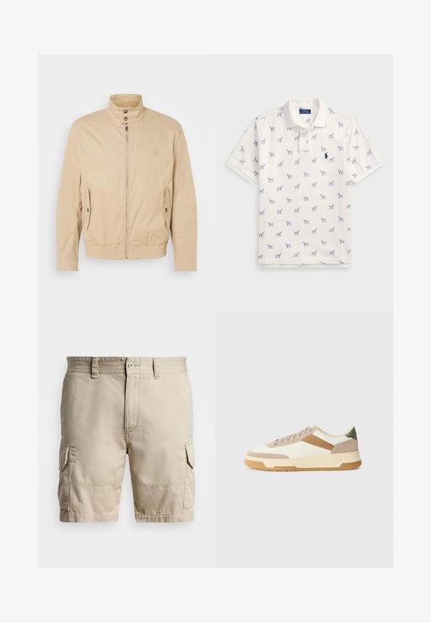 Šviesiai rudas lengvas paltas su aukštu apykakle, priekyje užtrauktuku, šoninėmis kišenėmis ir elastiniais rankogaliais. Textūruotas audinys su subtiliu blizgesiu.; Balta polo marškiniai, pagaminti iš medvilnės, su pasikartojančiu mėlynu šunų raštu ir mažuoju mėlynu logotipu ant krūtinės. Trumpomis rankovėmis ir apykakle.; Bežinės cargo šortai pagaminti iš medvilnės, su keliais kišenėmis, mygtukų užsegimu ir siuvinėjimu aplink juosmenį bei siūles.; Bežiniai, kreminiai ir alyviniai sportbačiai, pagaminti iš zomšos ir odos, su apvaliu pirštu, minimalistiniu dizainu ir guminėmis padangomis.