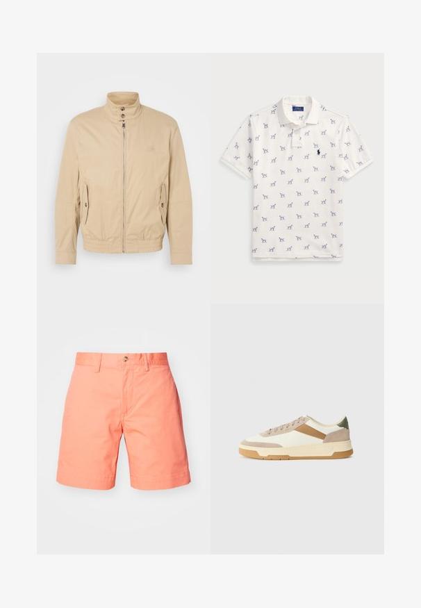 Beige lightweight jacket with high collar, front zipper, side pockets, and elastic cuffs. Textured fabric with a subtle sheen.; White polo shirt made of cotton, featuring a repeated blue dog pattern and a small blue logo on the chest. Short sleeves and collar.; Peach-colored cotton shorts with a straight cut, featuring a single button closure and folded cuffs. Smooth texture with a clean design.; Sneakers in beige, cream, and olive green, featuring suede and leather materials, a round toe, minimalistic design, and a rubber sole.
