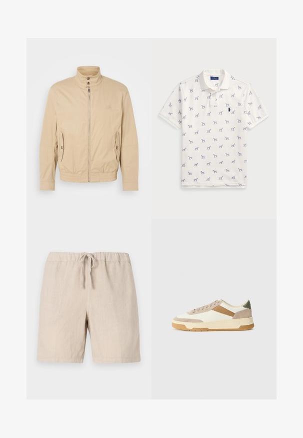Béžová lehká bunda s vysokým límcem, předním zipem, bočními kapsami a elastickými manžetami. Texturovaná tkanina s jemným leskem.; Bílá polo tričko vyrobené z bavlny, s opakovaným modrým vzorem psů a malým modrým logem na hrudi. Krátké rukávy a límeček.; 120% Lino MEN BERMUDA - Šortky - sand; Tenisky v béžové, krémové a olivově zelené barvě, s materiály z jemné kůže a usně, kulatou špičkou, minimalistickým designem a gumovou podrážkou.