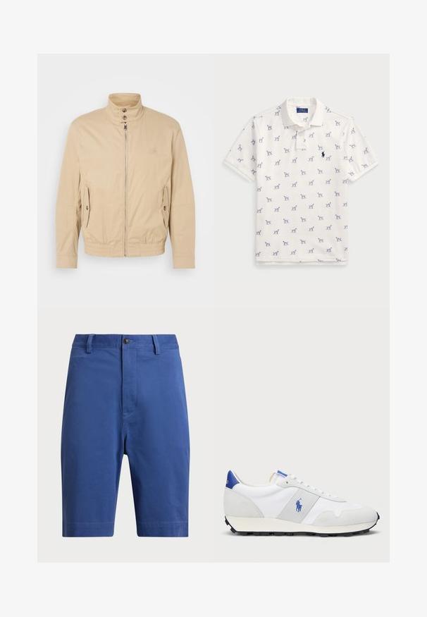 Šviesiai rudas lengvas paltas su aukštu apykakle, priekyje užtrauktuku, šoninėmis kišenėmis ir elastiniais rankogaliais. Textūruotas audinys su subtiliu blizgesiu.; Balta polo marškiniai, pagaminti iš medvilnės, su pasikartojančiu mėlynu šunų raštu ir mažuoju mėlynu logotipu ant krūtinės. Trumpomis rankovėmis ir apykakle.; Mėlynos medvilnės šortai su plokščia priekiu, vienu mygtuko uždarymu ir diržo kilpomis. Tiesių sijonų kirpimas, be matomų raštų ar akcentų.; Baltos sportinės snukerius su pilkais zomšos akcentais, tinklelio viršumi, mėlynu kulno užtrauktuku ir juodu guminėmis padais. Įrengtas raištelių uždarymu ir logotipu.